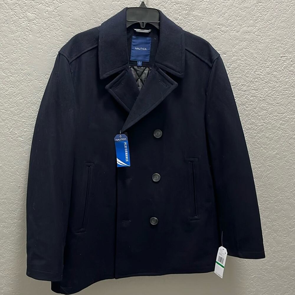 Nautica Men Large Peacoat Wool Blend Double Breasted Winter Coat Dark Navy Blue